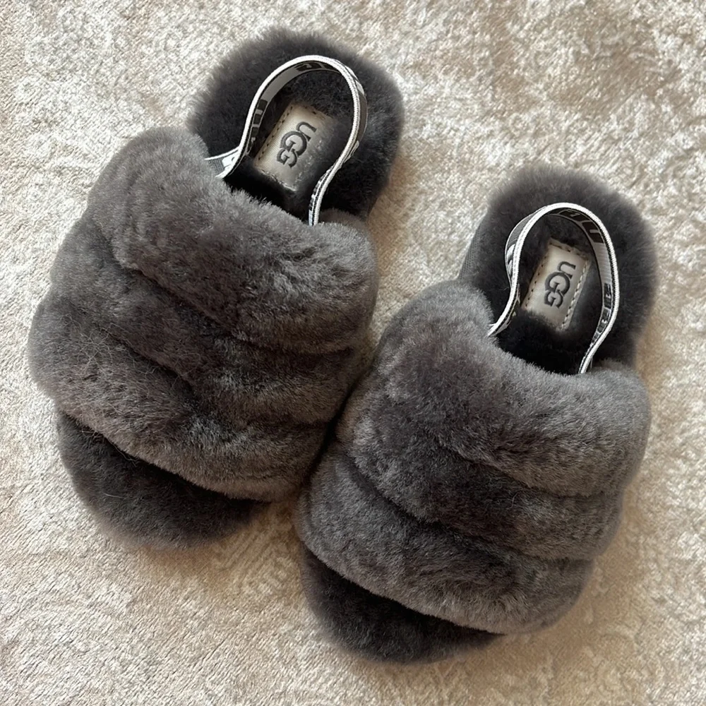 Brand New UGG Fluff Yeah Slides Baby & Toddler Gray Genuine Sheepskin Slipper